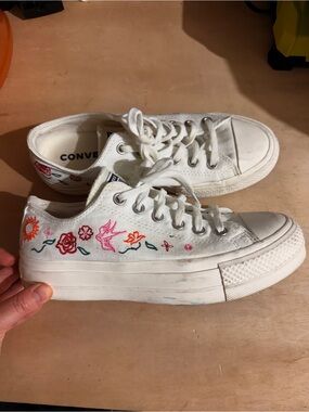Converse White Low-Top Sneakers with Multicolor Floral Embroidery